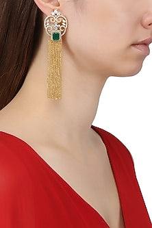 Gold Plated American Diamond, Green Semi Precious Stone and Chain Tassel Earrings