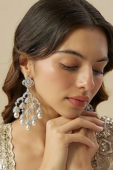 Silver Finish Diamond & Pearl Chandelier Earrings