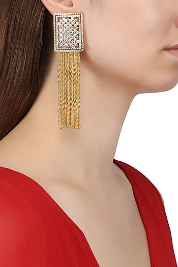 Gold Plated Rectangular Shaped American Diamond Earrings
