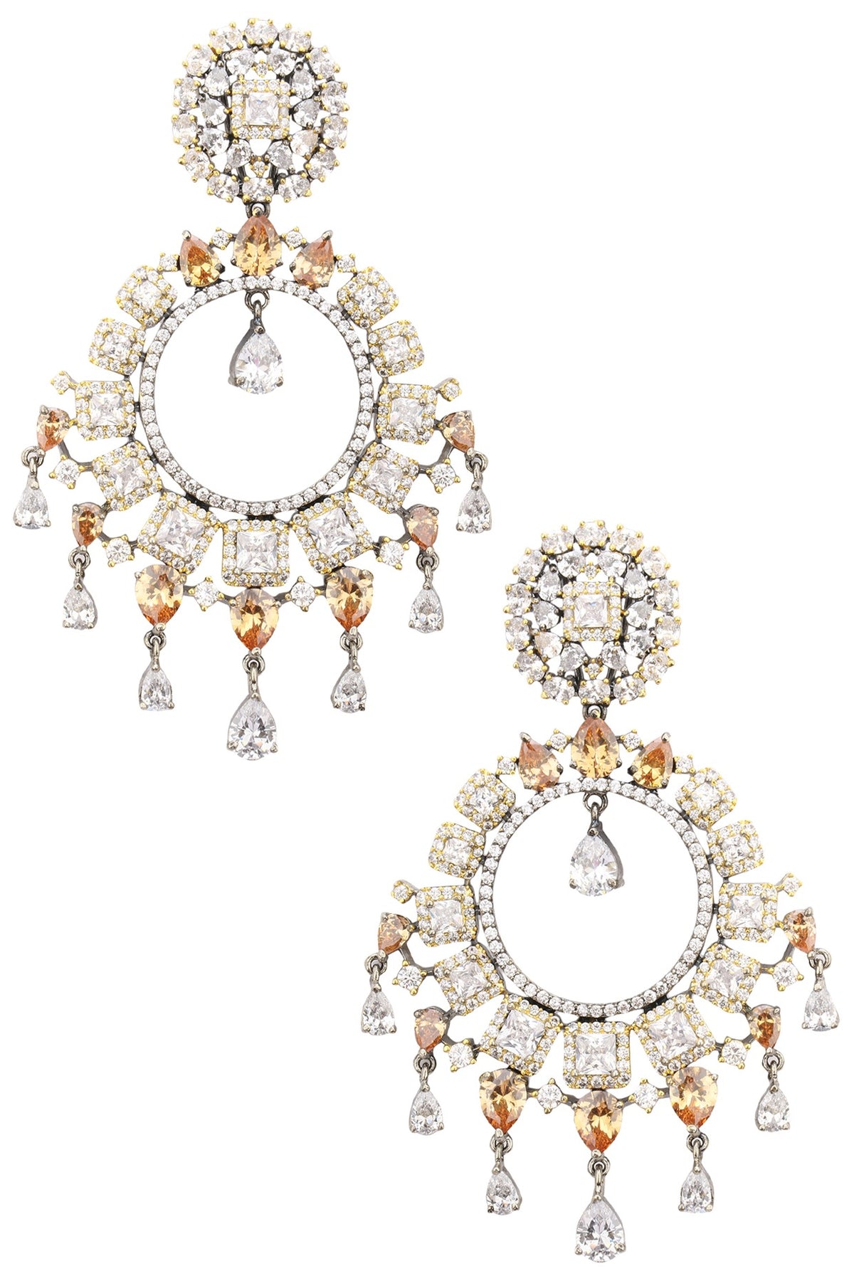 Rhodium Plated Oxidized American Diamond Chandbali Earrings