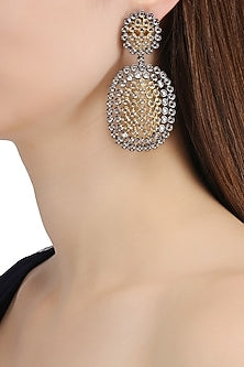 Rhodium Plated Two Drop Oxidized Amercian Diamond Earrings