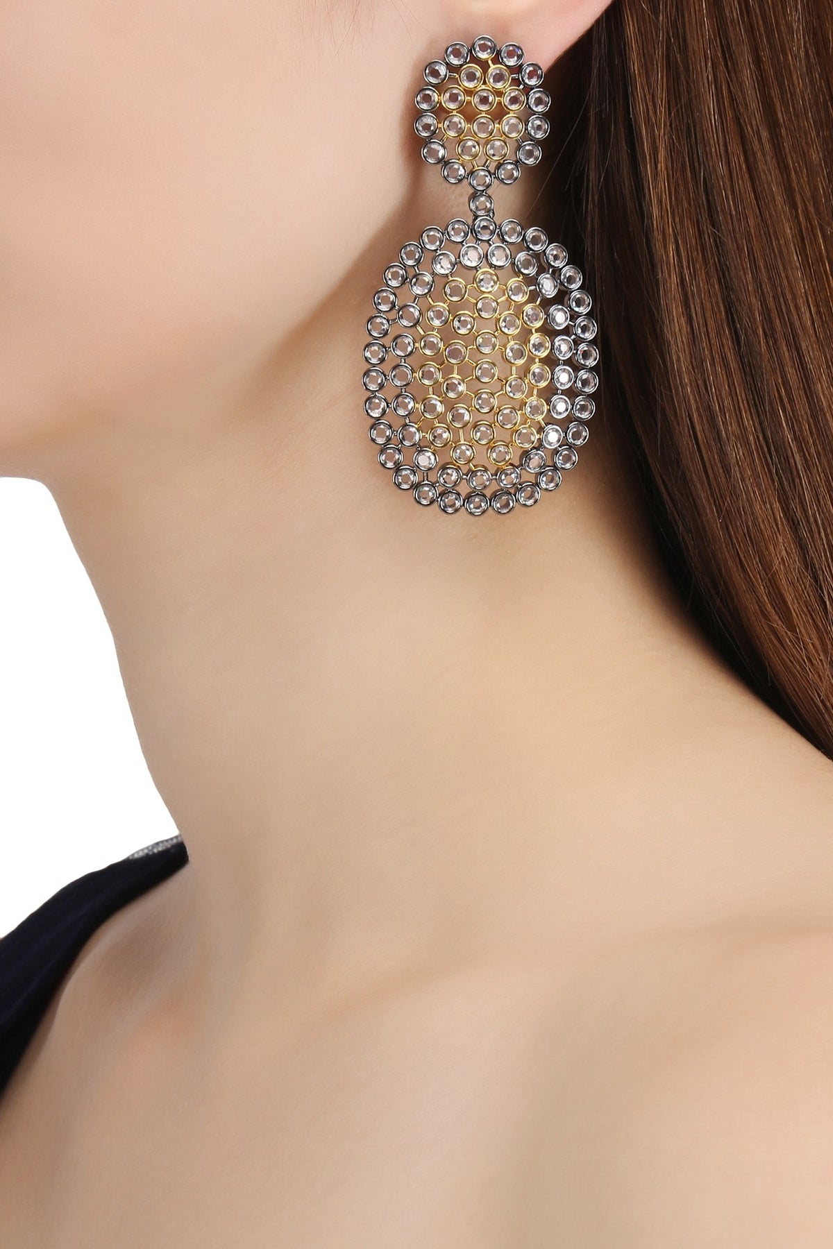 Rhodium Plated Two Drop Oxidized Amercian Diamond Earrings