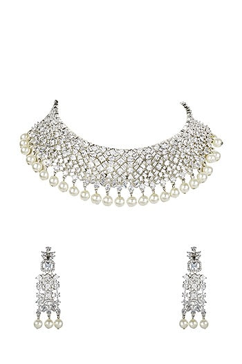 White Finish Diamante Necklace Set