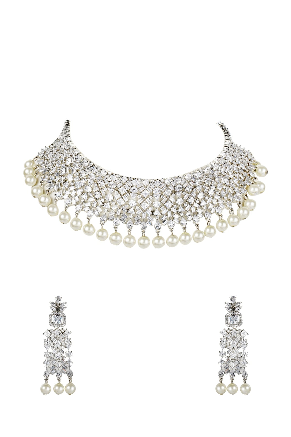 White Finish Diamante Necklace Set