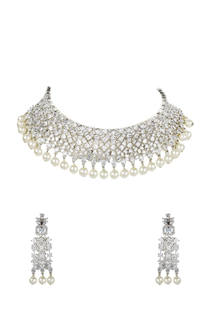 White Finish Diamante Necklace Set