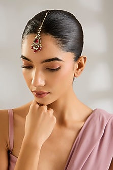 Gold Finish Kundan Polki & Ruby Stone Floral Maangtikka