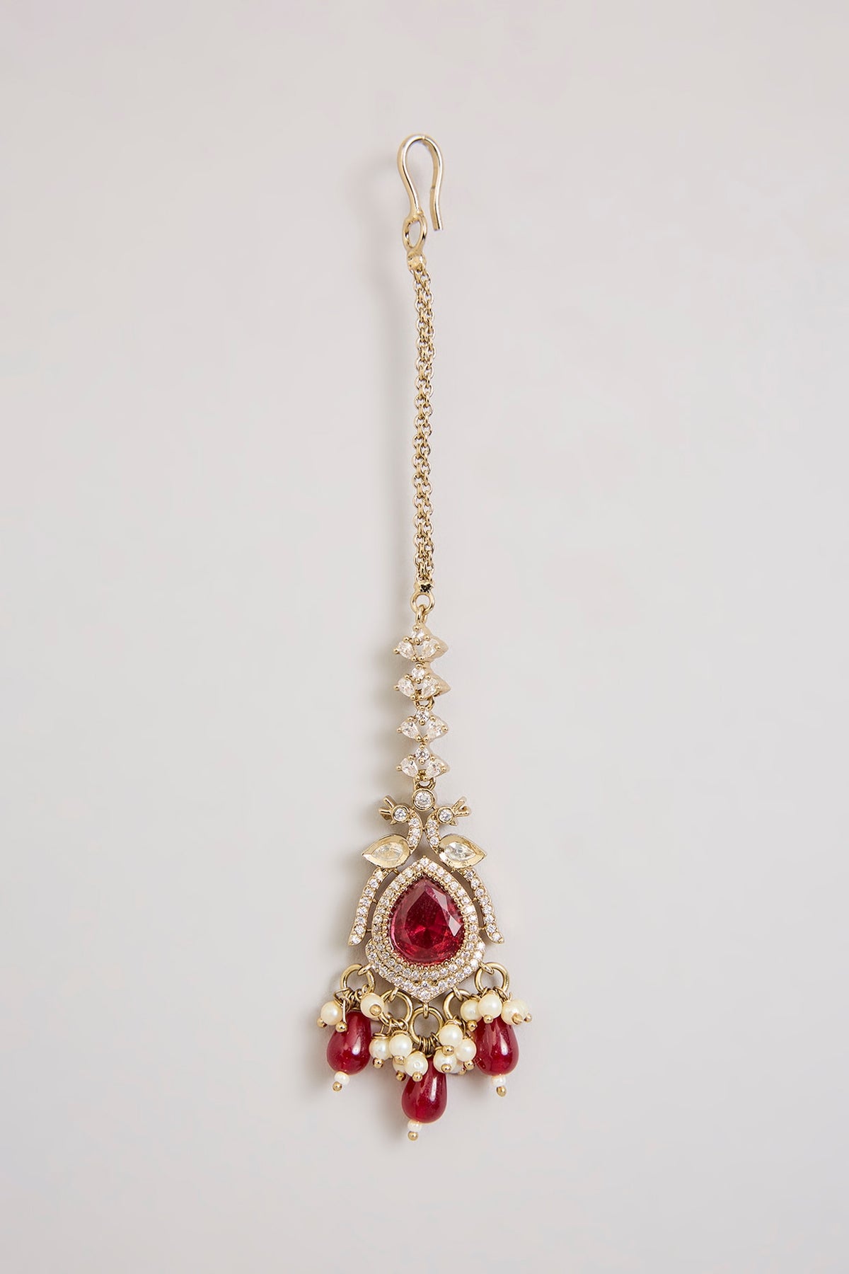 Gold Finish Kundan Polki & Ruby Stone Floral Maangtikka