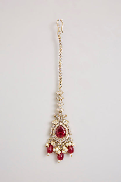 Gold Finish Kundan Polki & Ruby Stone Floral Maangtikka