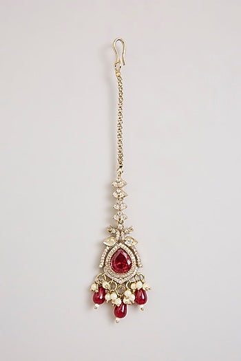 Gold Finish Kundan Polki & Ruby Stone Floral Maangtikka