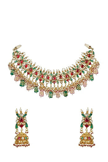Gold Plated Necklace Set With Kundan Polki