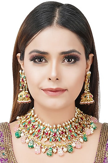 Gold Plated Necklace Set With Kundan Polki