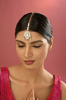 Gold Finish Kundan Polki & Pearl Maangtikka