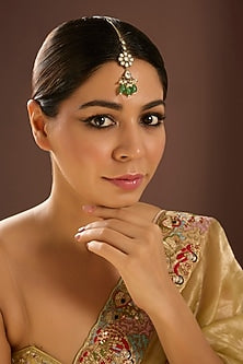 Gold Finish Kundan Polki & Green Gemstone Maangtikka
