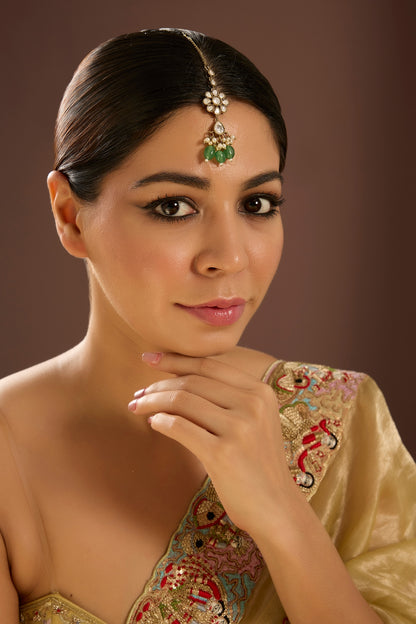 Gold Finish Kundan Polki & Green Gemstone Maangtikka