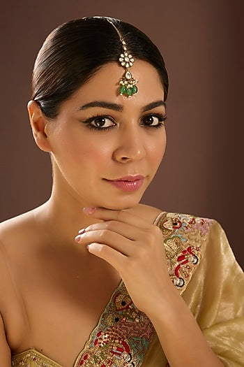 Gold Finish Kundan Polki & Green Gemstone Maangtikka
