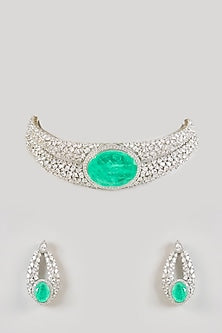 Gold Finish Diamond & Emerald Stone Choker Necklace Set