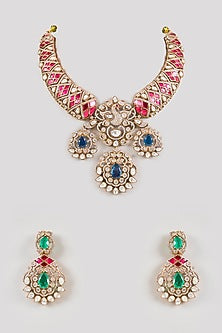 Gold Finish Kundan Polki & Ruby Stone Choker Necklace Set
