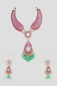 Gold Finish Emerald Drop & Ruby Beaded Handcrafted Choker Necklace Set