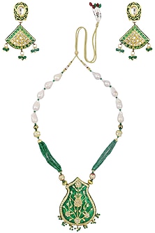 Gold Plated Kundan and Green Enamel Necklace Set
