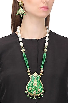 Gold Plated Kundan and Green Enamel Necklace Set