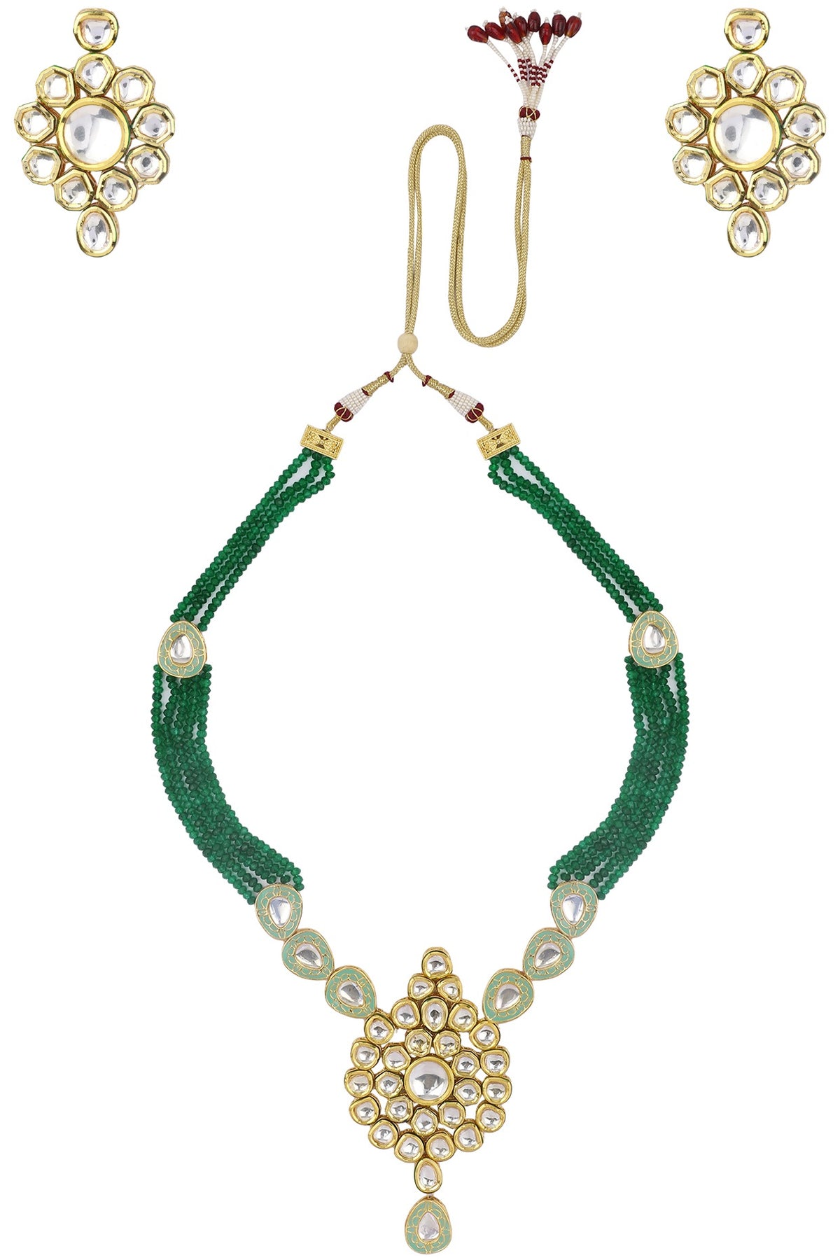 Gold Finish Kundan and Green Semi Precious Stone Necklace Set