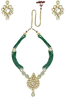 Gold Finish Kundan and Green Semi Precious Stone Necklace Set