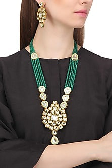 Gold Finish Kundan and Green Semi Precious Stone Necklace Set