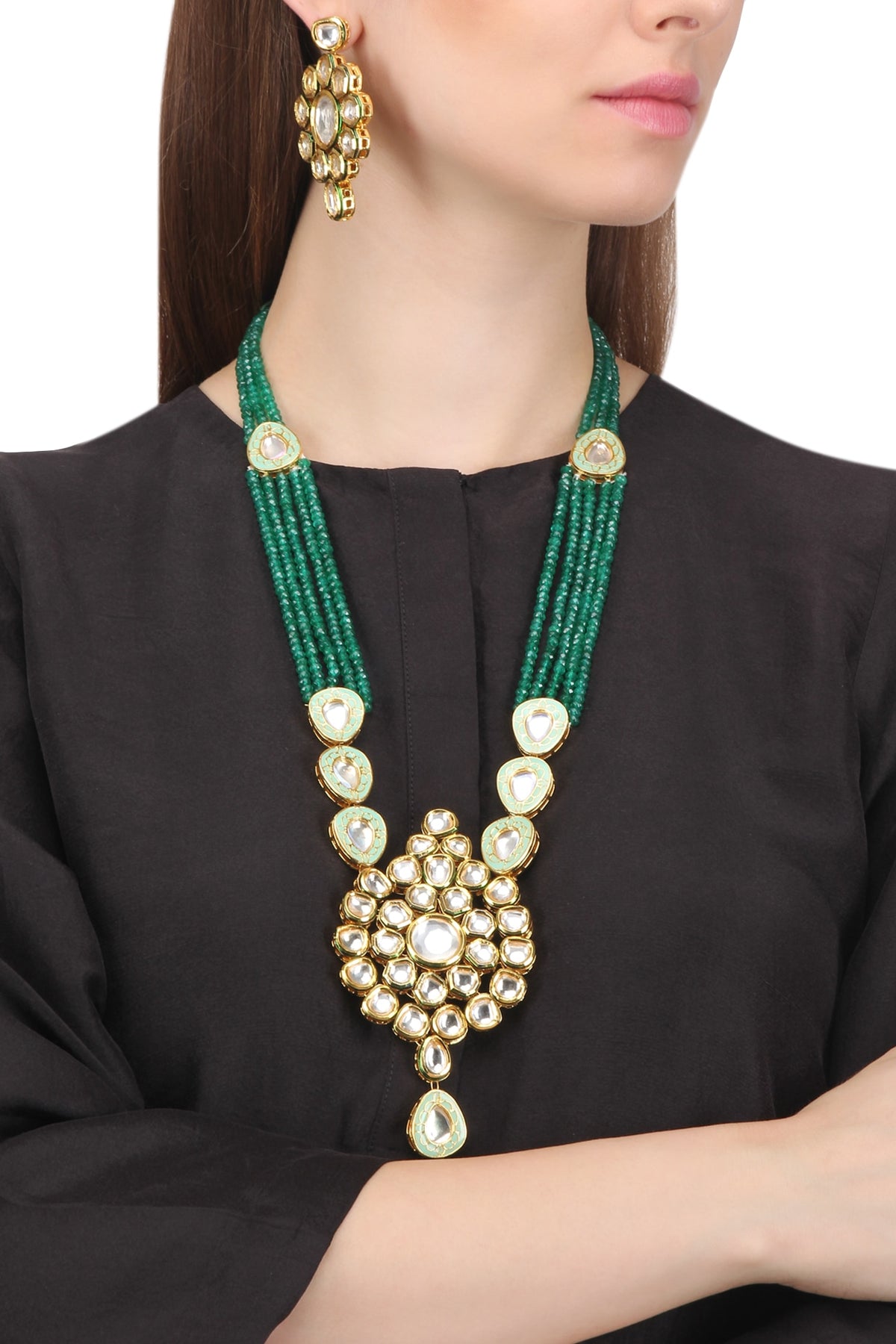 Gold Finish Kundan and Green Semi Precious Stone Necklace Set