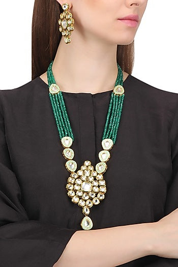 Gold Finish Kundan and Green Semi Precious Stone Necklace Set