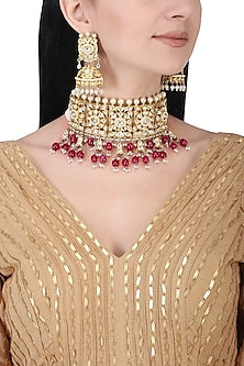 Gold plated kundan and red beads choker necklace set