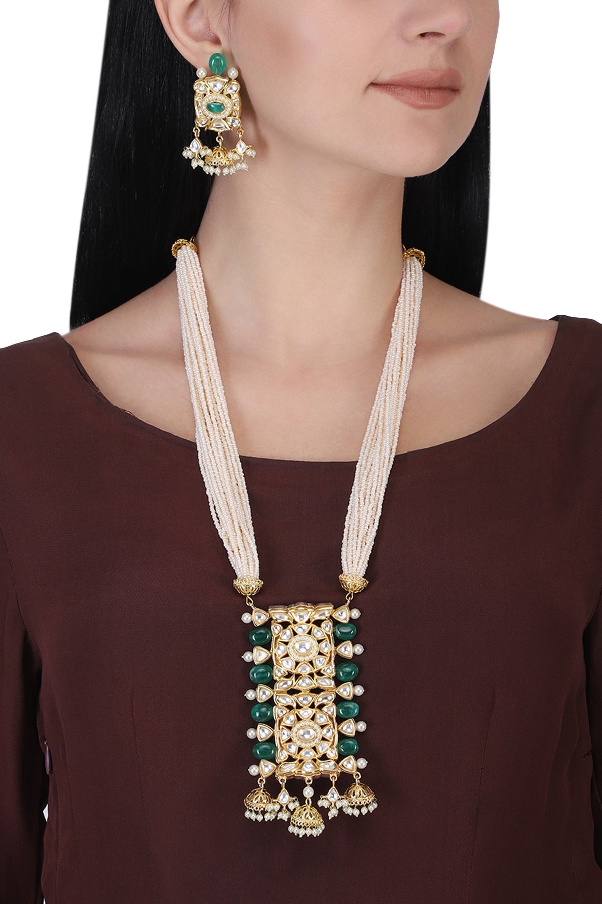 Gold plated kundan, green beads and pearl long necklace set