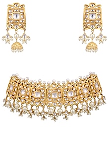 Gold plated kundan and pearl beads choker necklace set