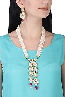 Gold plated kundan and red bead long necklace set