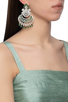 Gold plated diamond and green stone dangler earrings