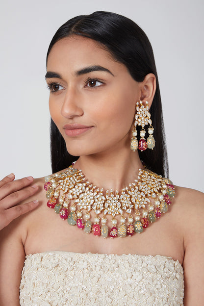 Gold Plated Kundan Green & Pink Stones Necklace Set
