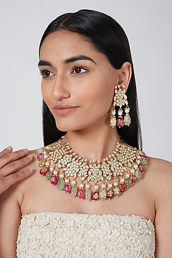 Gold Plated Kundan Green & Pink Stones Necklace Set