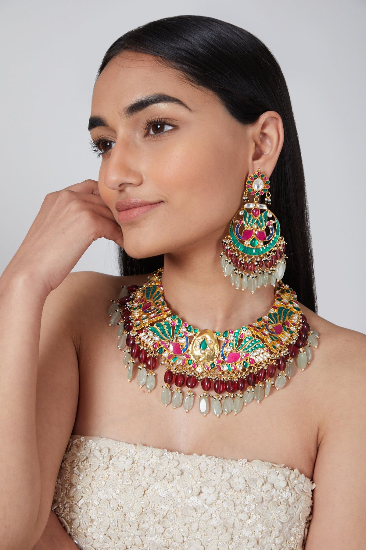 Gold Plated Green & Red Stone Kundan Necklace Set