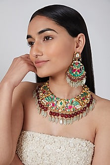 Gold Plated Green & Red Stone Kundan Necklace Set