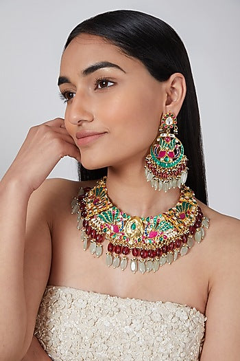 Gold Plated Green & Red Stone Kundan Necklace Set