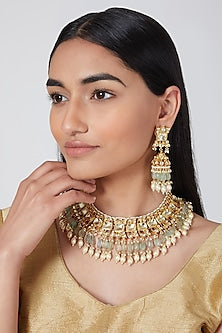 Gold Plated Kundan Sea Green Stones Necklace Set