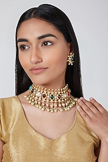 Gold Plated Kundan Polki & Navratna Stone Necklace Set