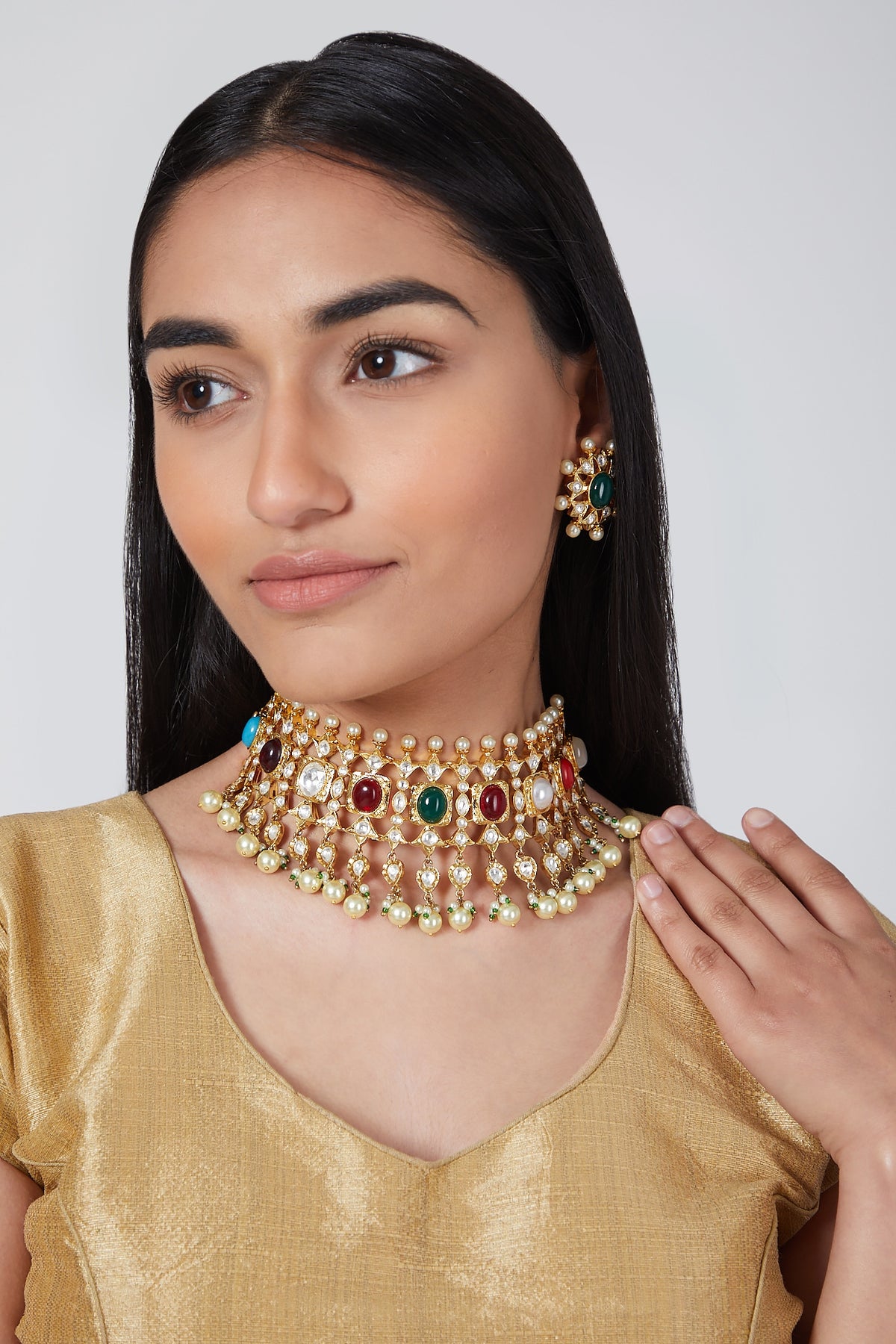 Gold Plated Kundan Polki & Navratna Stone Necklace Set