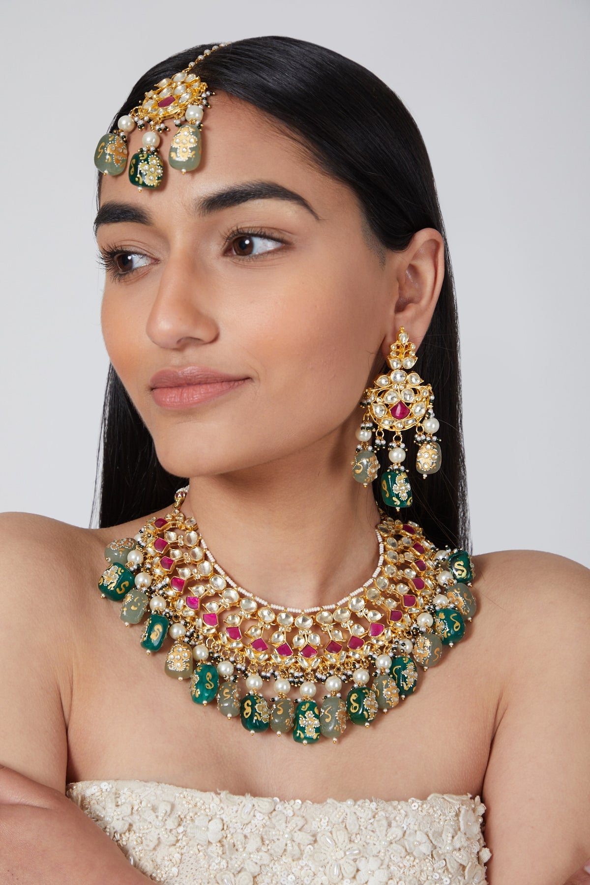 Gold Plated Green & Red Stones Necklace Set