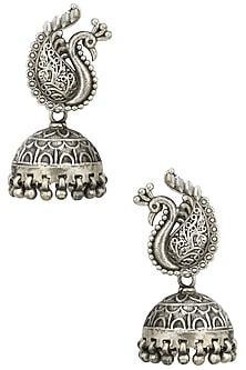 Antique Silver Finish Peacock Textured Jhumki Earrings