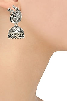 Antique Silver Finish Peacock Textured Jhumki Earrings