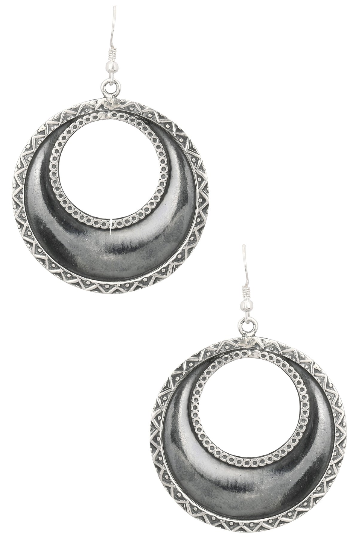 Antique Silver Finish Fish Hook Round Earrings