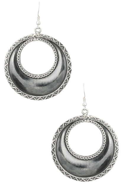 Antique Silver Finish Fish Hook Round Earrings