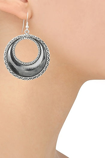 Antique Silver Finish Fish Hook Round Earrings
