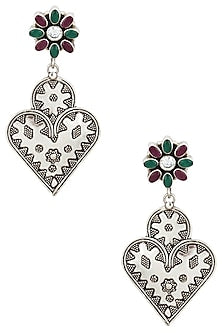 Antique Silver Finish Multicolor Heart Shaped Earrings