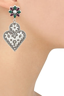 Antique Silver Finish Multicolor Heart Shaped Earrings